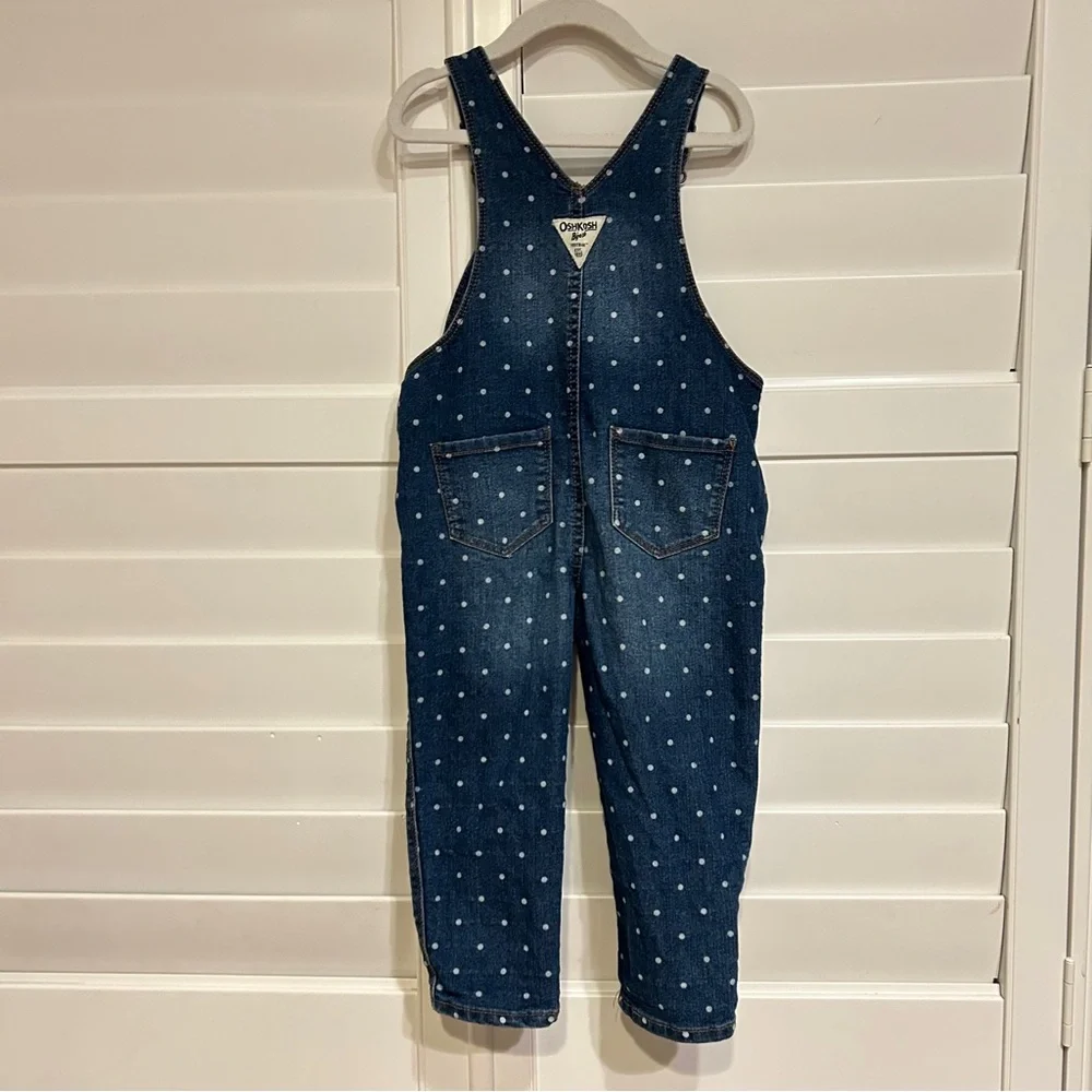 Oshkosh Bgosh Classic Denim Overalls Polka Dot Print Blue White Size 3T